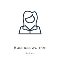 Businesswomen icon. Thin linear businesswomen outline icon isolated on white background from business collection. Line vector sign, symbol for web and mobile