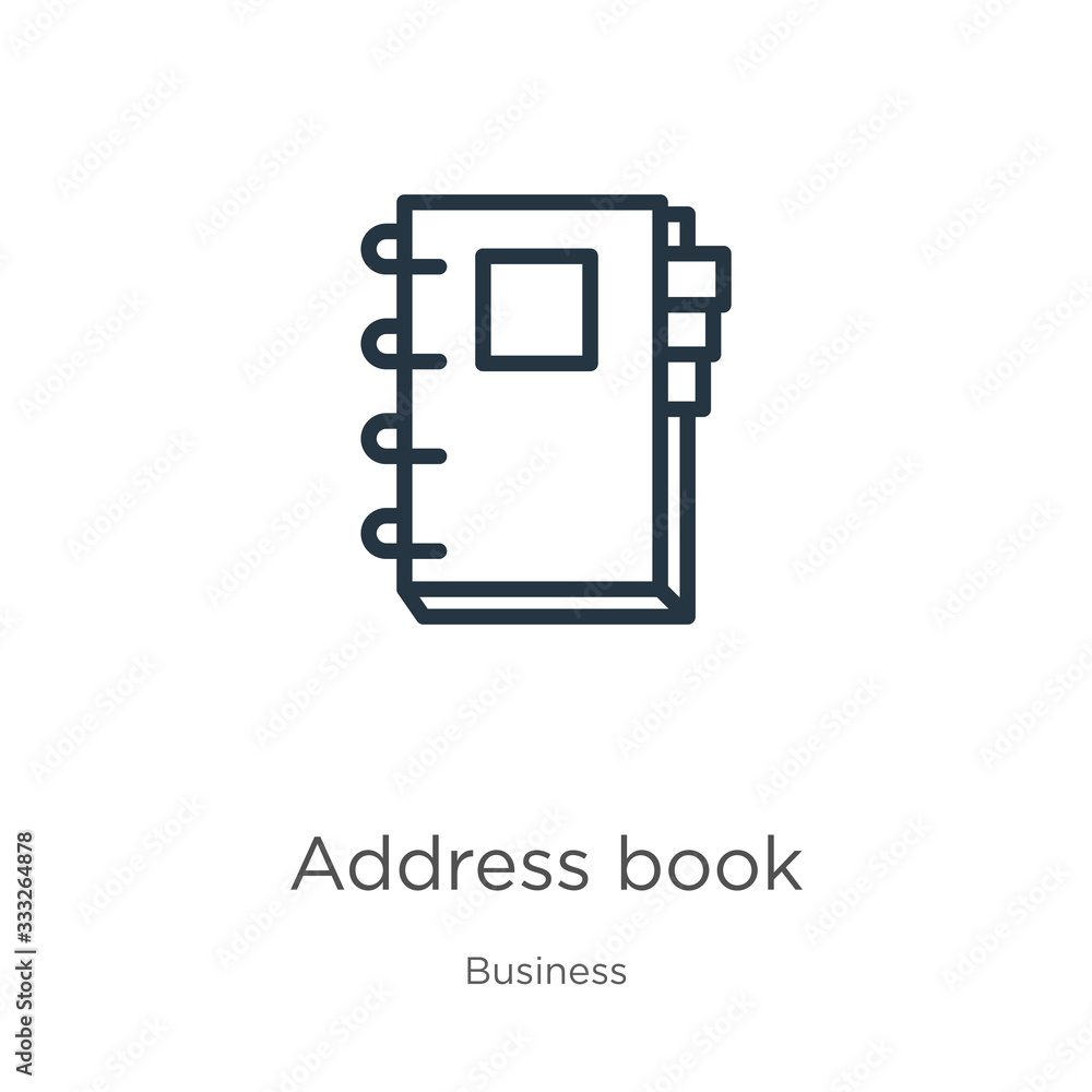 Poster address book icon. thin linear address book outline icon isolated on white background from business 