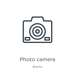 Photo camera icon. Thin linear photo camera outline icon isolated on white background from brazilia collection. Line vector sign, symbol for web and mobile