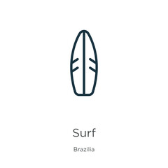 Surf icon. Thin linear surf outline icon isolated on white background from brazilia collection. Line vector sign, symbol for web and mobile