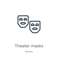 Theater masks icon. Thin linear theater masks outline icon isolated on white background from brazilia collection. Line vector sign, symbol for web and mobile