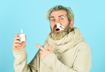 Cold flu remedies. Runny nose recovery. Health care concept. Runny nose and symptoms of cold. Fast...