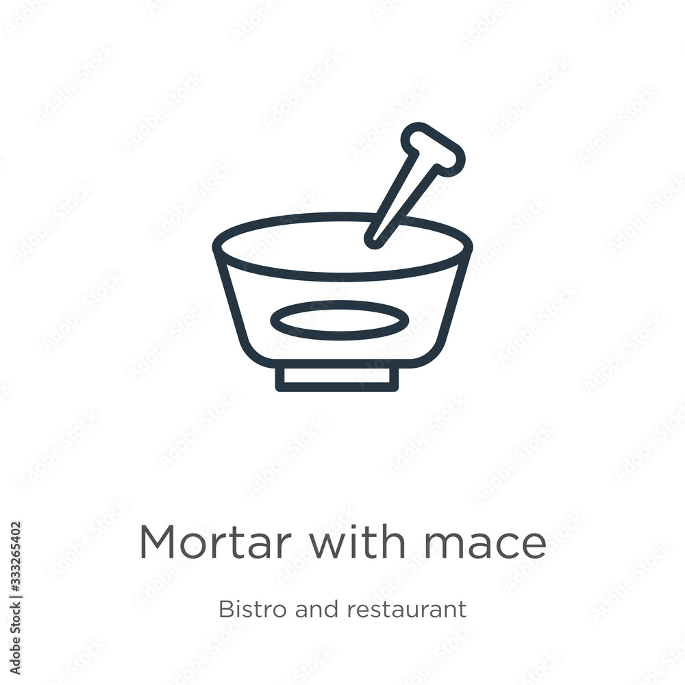 Poster mortar with mace icon. thin linear mortar with mace outline icon isolated on white background from b