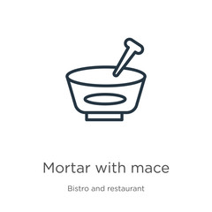 Mortar with mace icon. Thin linear mortar with mace outline icon isolated on white background from bistro and restaurant collection. Line vector sign, symbol for web and mobile