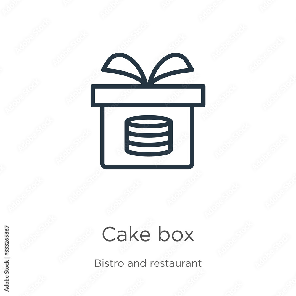 Poster cake box icon. thin linear cake box outline icon isolated on white background from bistro and restau