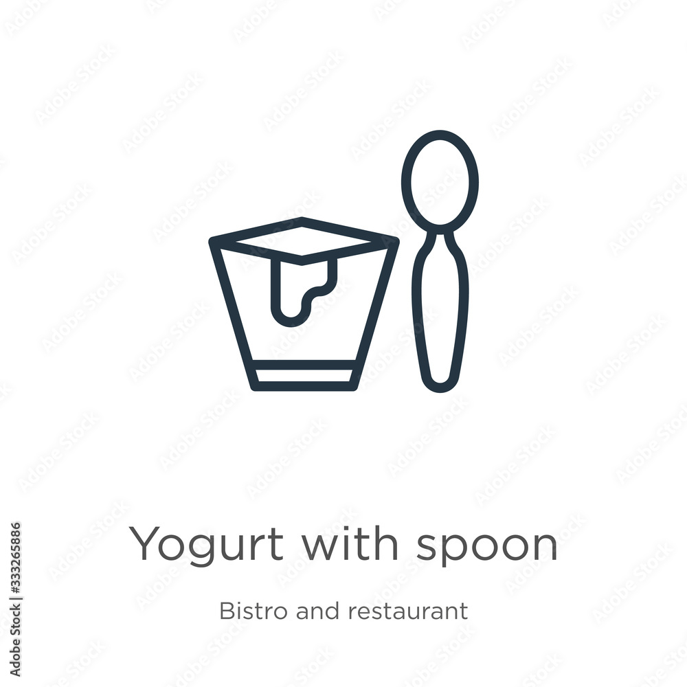 Poster yogurt with spoon icon. thin linear yogurt with spoon outline icon isolated on white background from