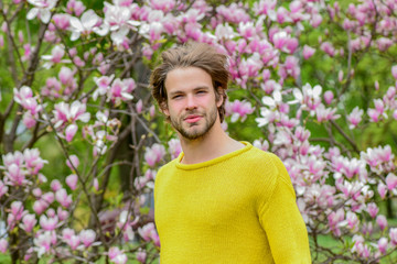 Spring inspiration. Joy of spring. Modern hipster enjoy blossom. Springtime concept. Guy relax in...