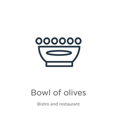 Bowl of olives icon. Thin linear bowl of olives outline icon isolated on white background from bistro and restaurant collection. Line vector sign, symbol for web and mobile