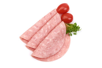 Smoked sausage slices, thinly sliced sausage, isolated on white background