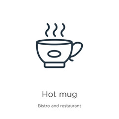Hot mug icon. Thin linear hot mug outline icon isolated on white background from bistro and restaurant collection. Line vector sign, symbol for web and mobile