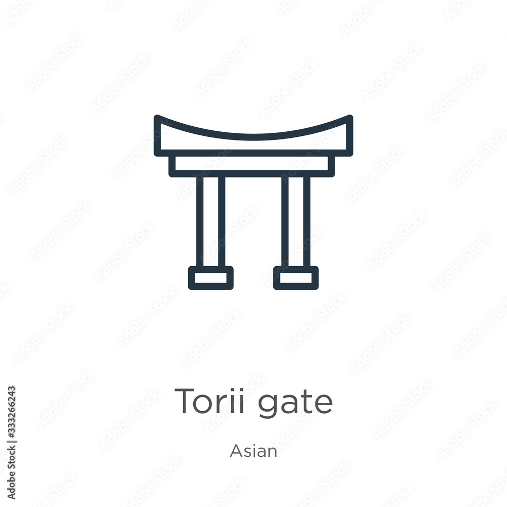 Poster torii gate icon. thin linear torii gate outline icon isolated on white background from asian collect