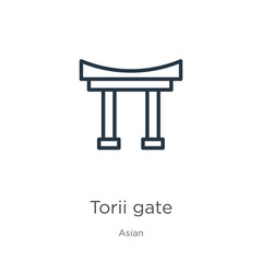 Torii gate icon. Thin linear torii gate outline icon isolated on white background from asian collection. Line vector sign, symbol for web and mobile