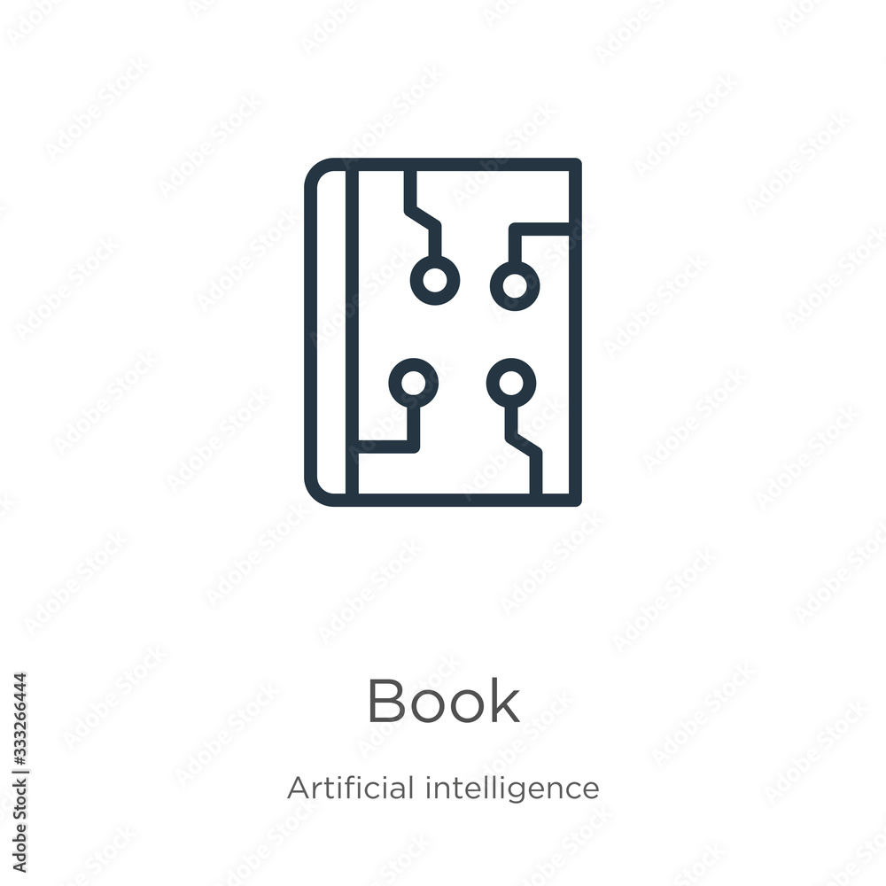 Poster book icon. thin linear book outline icon isolated on white background from artificial intelligence c