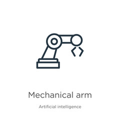 Mechanical arm icon. Thin linear mechanical arm outline icon isolated on white background from artificial intelligence collection. Line vector sign, symbol for web and mobile