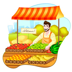 Grocery illustration. Charming grocer offers fruit in boxes.