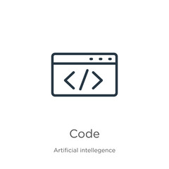 Code icon. Thin linear code outline icon isolated on white background from artificial intelligence collection. Line vector sign, symbol for web and mobile