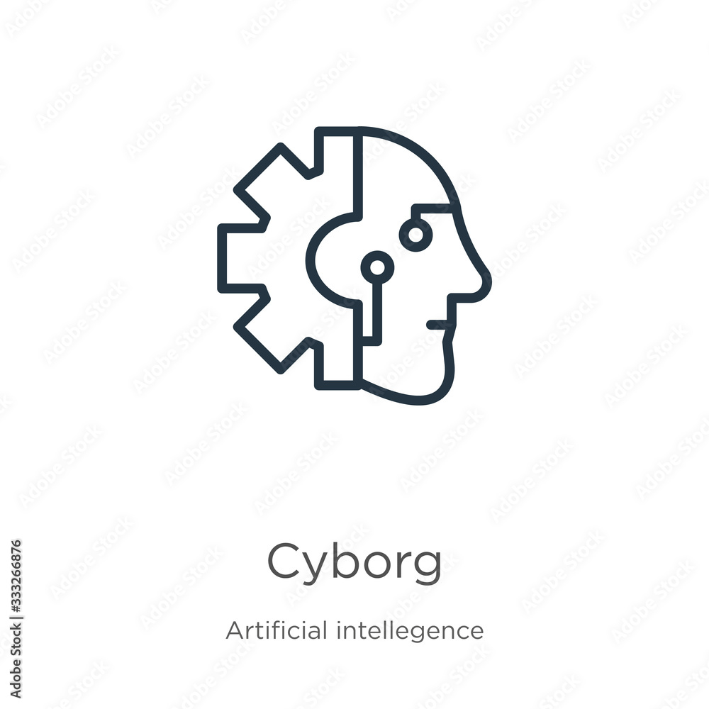 Poster cyborg icon. thin linear cyborg outline icon isolated on white background from artificial intellegen