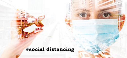 double exposure of woman wearing medical mask and busy city - social distancing - coronavirus measure