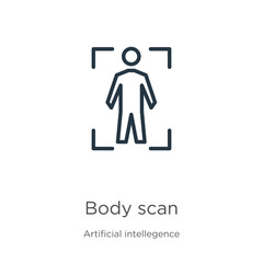 Body scan icon. Thin linear body scan outline icon isolated on white background from artificial intellegence and future technology collection. Line vector sign, symbol for web and mobile