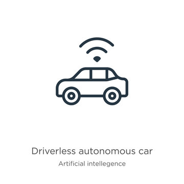 Driverless autonomous car icon. Thin linear driverless autonomous car outline icon isolated on white background from artificial intellegence and future technology collection. Line vector sign, symbol
