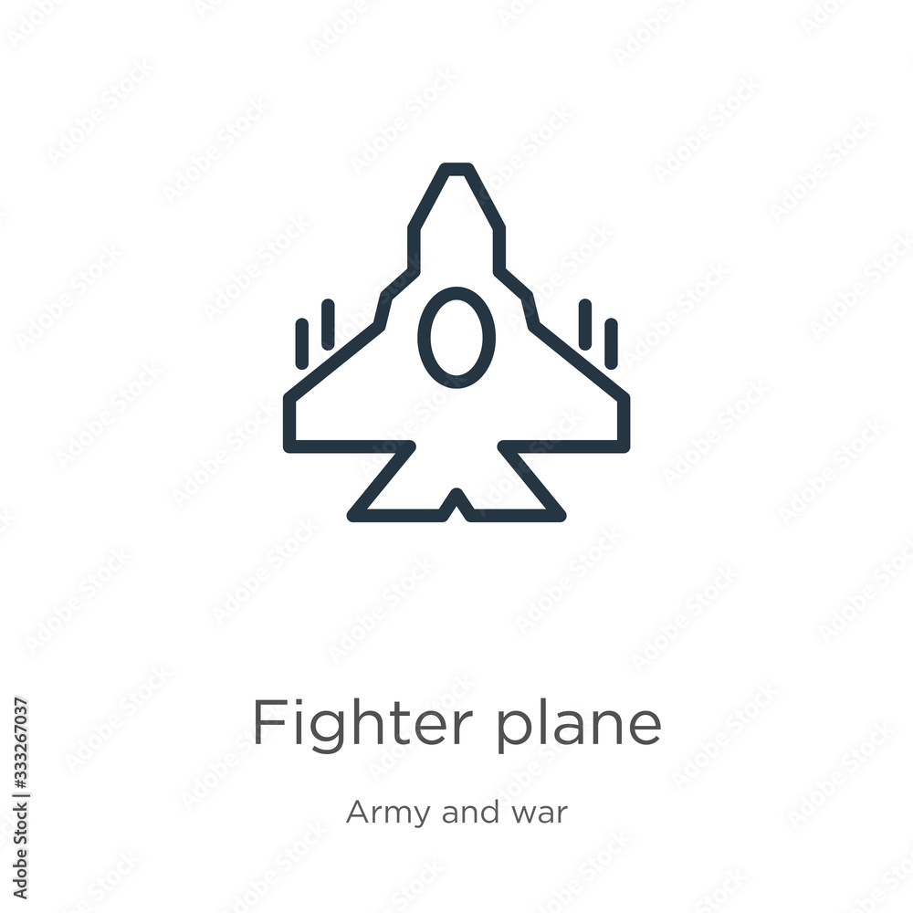 Poster fighter plane icon. thin linear fighter plane outline icon isolated on white background from army an