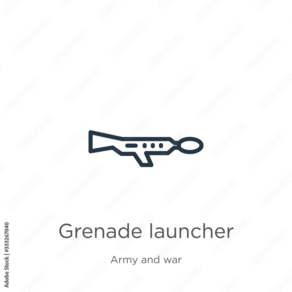 Poster grenade launcher icon. thin linear grenade launcher outline icon isolated on white background from a