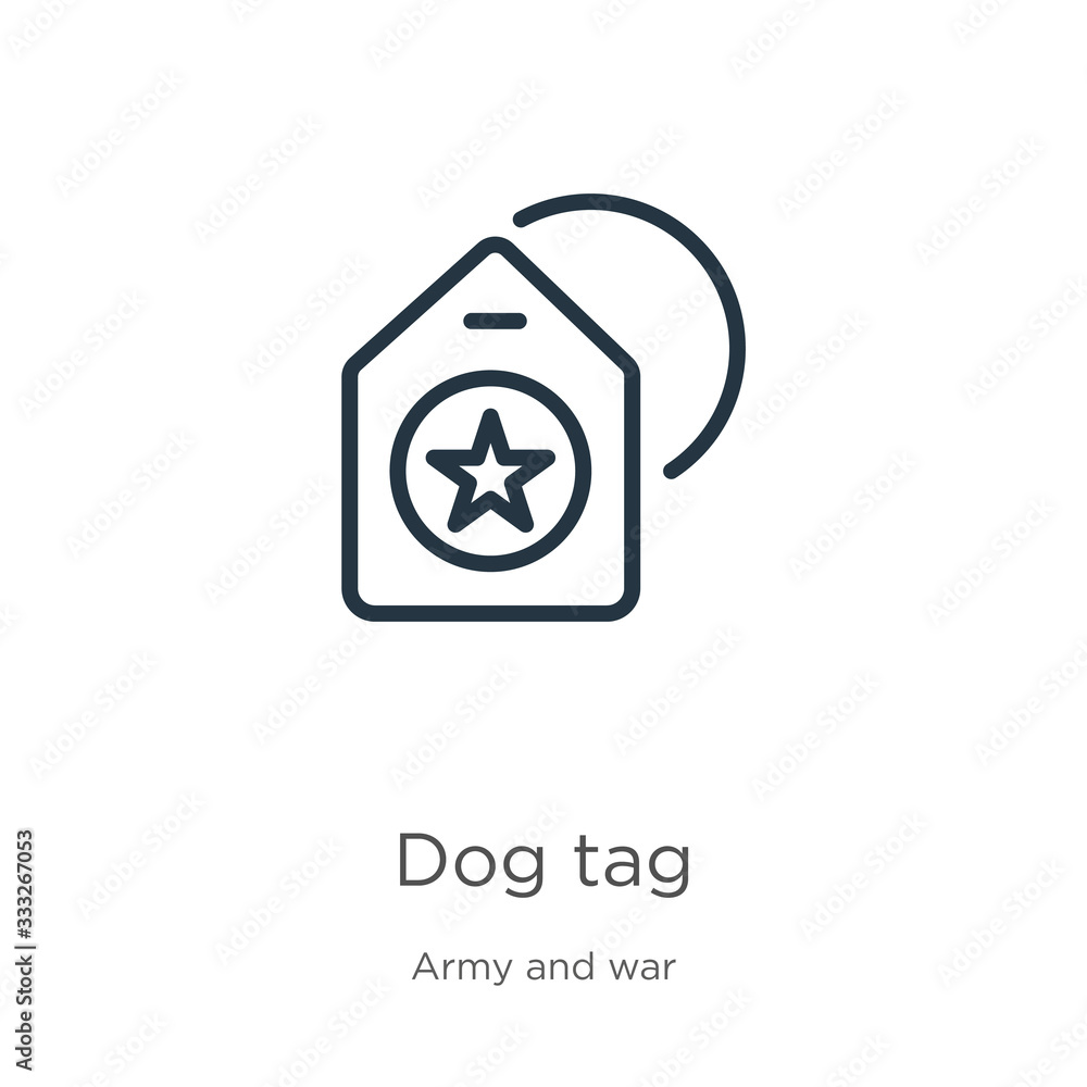 Poster dog tag icon. thin linear dog tag outline icon isolated on white background from army and war collec