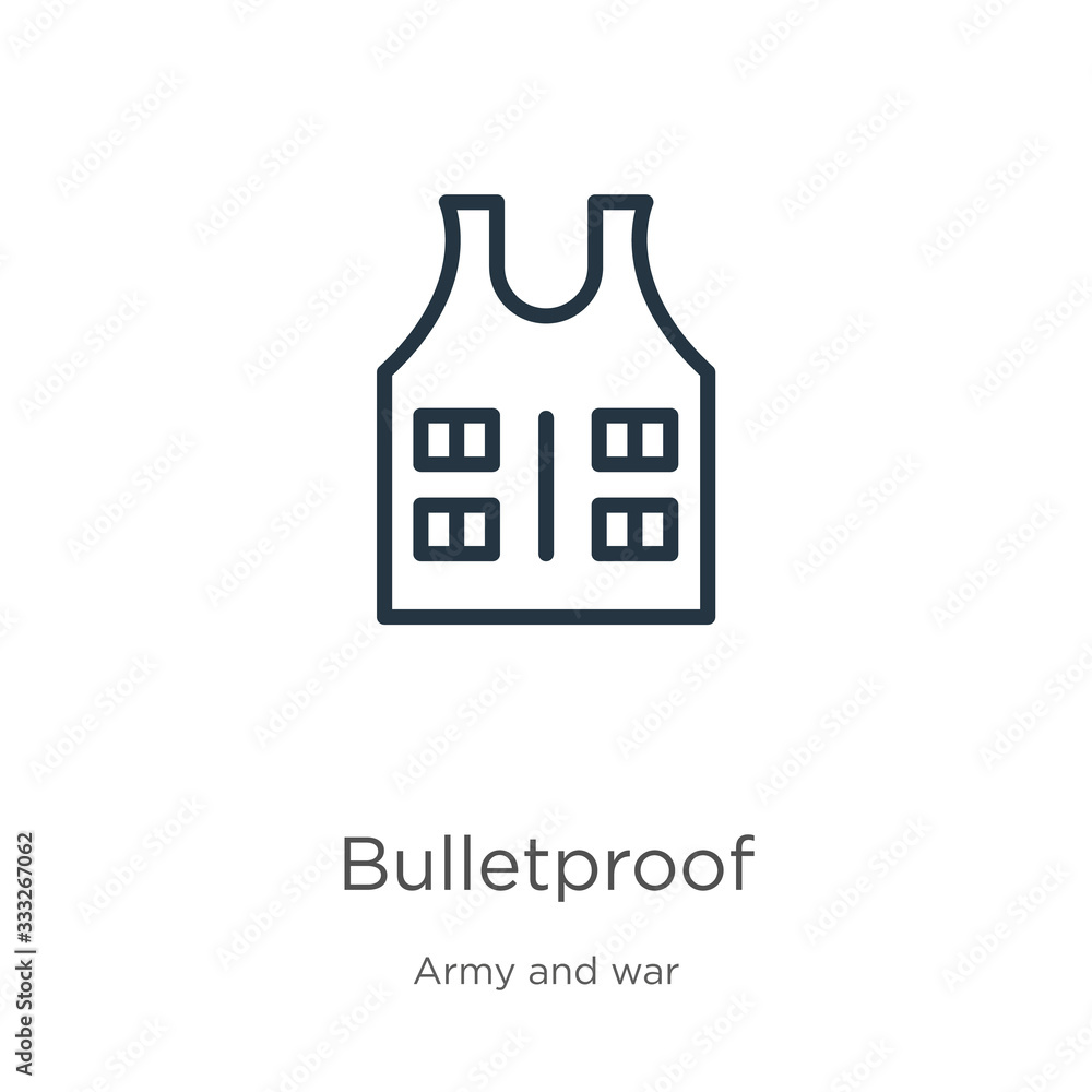 Poster bulletproof icon. thin linear bulletproof outline icon isolated on white background from army and wa