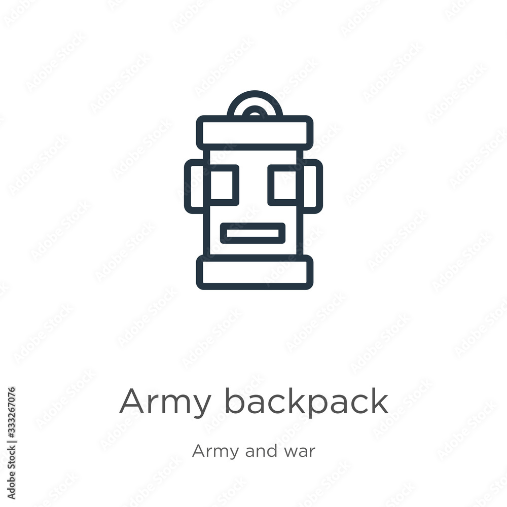 Aufkleber army backpack icon. thin linear army backpack outline icon isolated on white background from army an