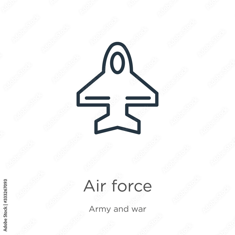 Poster air force icon. thin linear air force outline icon isolated on white background from army and war co