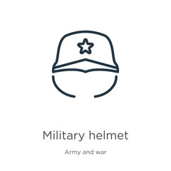 Military helmet icon. Thin linear military helmet outline icon isolated on white background from army and war collection. Line vector sign, symbol for web and mobile