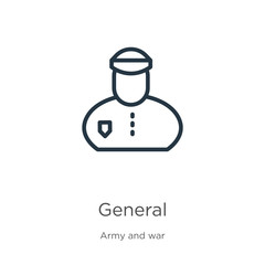 General icon. Thin linear general outline icon isolated on white background from army and war collection. Line vector sign, symbol for web and mobile