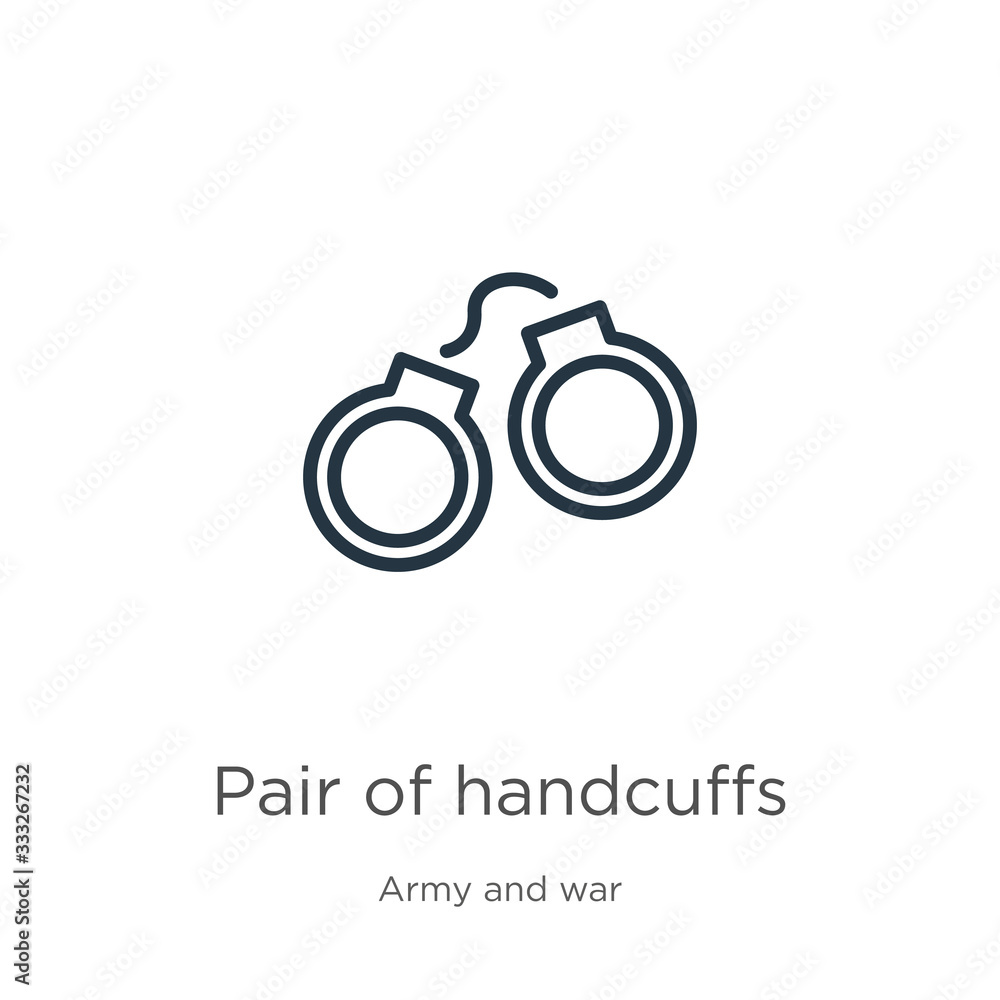 Poster pair of handcuffs icon. thin linear pair of handcuffs outline icon isolated on white background from