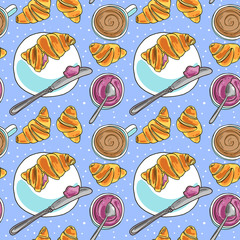 Croissant and coffee. Hand drawn beautiful sketch style illustration for restaurant menu.