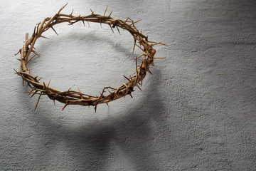 Crown of thorns on light background with crown shadow. Religion concept. Easter background