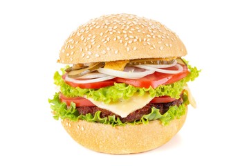 Burger on white background, hamburger with beef and cheese,  unhealthy.