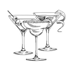 Composition with alcoholic cocktails, hand drawn vector illustration.