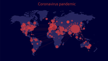 Coronavirus World pandemic (covid-19). Vector illustration of the spread of the virus on a world map. Global catastrophe. 2019 - nCov. 