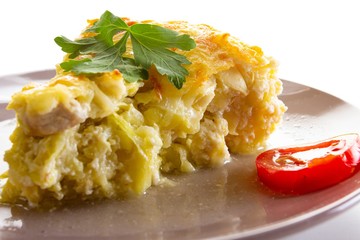 Chicken casserole meal cheese tomato,  healthy.
