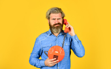 Outdated technology. Manager phone communication. Answering machine. Bearded hipster man phone...