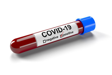 3D illustration of a blood test tube with positive COVID-19 test. Concept for laboratory sample of blood testing for diagnosis of the new Corona virus infection with copy space.