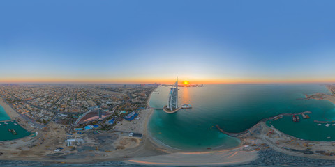 360 panorama by 180 degrees angle seamless panorama of aerial view of Burj Al Arab Jumeirah Island...