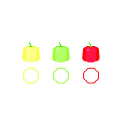 This is bell pepper or paprika with slices isolated on white background. Collection of yellow, green and red with slices. Vegetables, vegetarian food. Vector illustration in flat style.