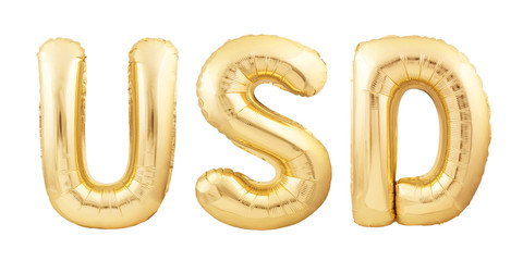 USD abbreviation for United States dollar made of golden inflatable balloons isolated on white background