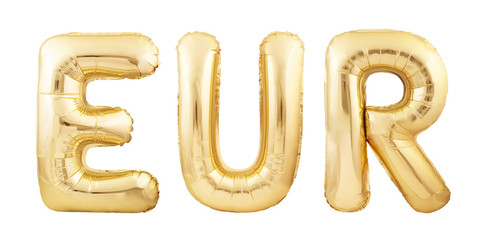 EUR abbreviation for EURO currency made of golden inflatable balloons isolated on white background