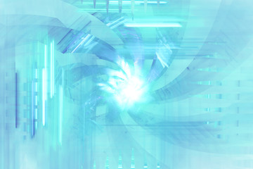 Neon glowing lines and shapes flying in the space. Geometric sci-fi structure. Abstract creative modern background