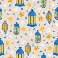 Ramadan seamless pattern with stars and lanterns on beige background