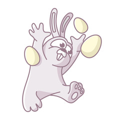 Cartoon rabbit juggles eggs. colorful design of an easter bunny.  Isolated object. Vector, illustration