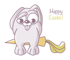 Cartoon rabbit with guilt hides carrots behind its back. design of an easter bunny. Symbol for web sites on a white background. Isolated object Vector, illustration