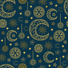 Ramadan seamless pattern with contour moon and stars